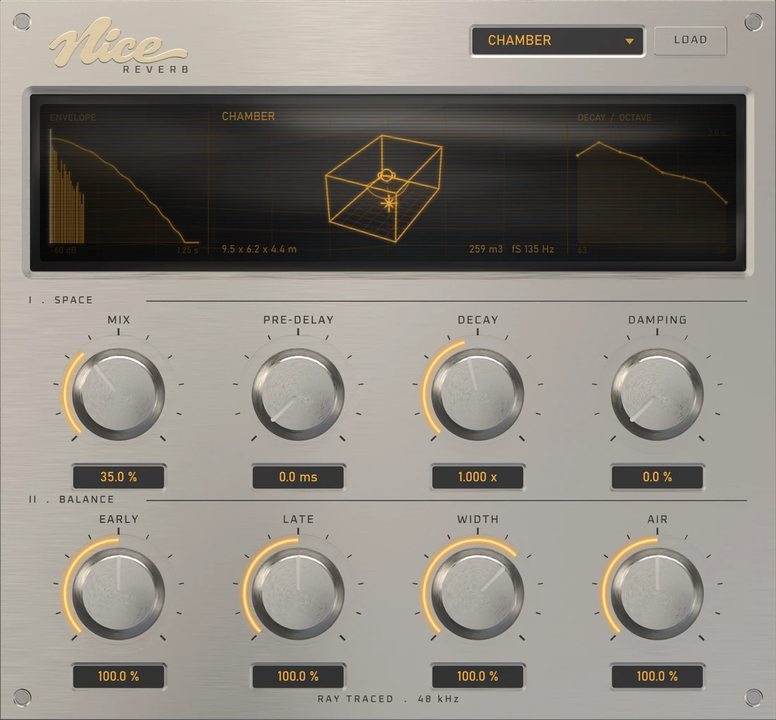 The Nice Reverb plugin interface: a milled metal panel with eight knobs, a room selector and a display showing the solved room, its decay envelope and its decay per octave.